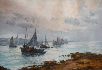 null Alphonse LAFITTE (1863-?) Sardiniers de retour de pêche. Aquatinte en couleurs,...