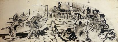 null Mathurin MÉHEUT (1882-1958) Pêcheurs et pirogues. Projet au lavis d'encre sur...