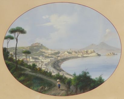 null Ecole du XIXe. Panorama de la baie de Naples, une paysanne au premier plan....