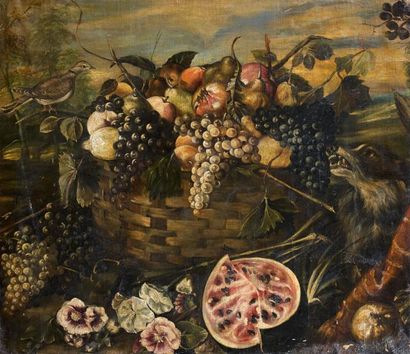 null Ecole ITALIENNE du XIXème siècle, suiveur de Vincenzino. Panier de fruits gardé...