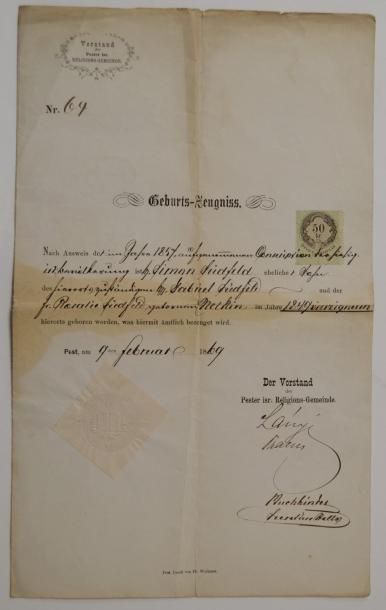 null [Max NORDAU (1849-1923)] Certificat de naissance de Simon Südfeld [Max Nordau)...