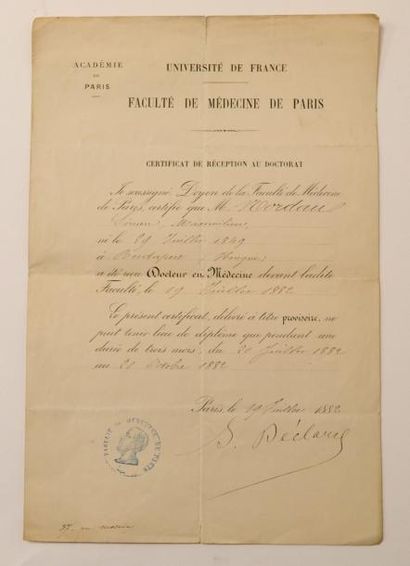 null Max NORDAU (1849-1923) Faculté de médecine de Paris : Certificat provisoire...