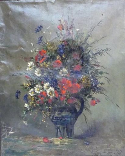 null Eugène Henri CAUCHOIS (1850-1911) Vase de fleurs champêtres. Huile sur toile...