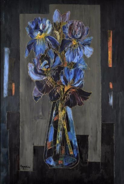 null Tony AGOSTINI (1916-1990) Vase de fleurs sur fond bleu. Huile sur toile signée...