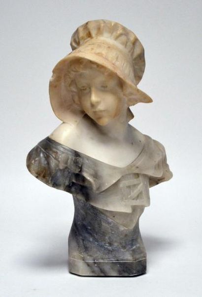 null Guglielmo PUGI (act.1850-1915) Buste de jeune femme la charlotte. Albâtre blanc...