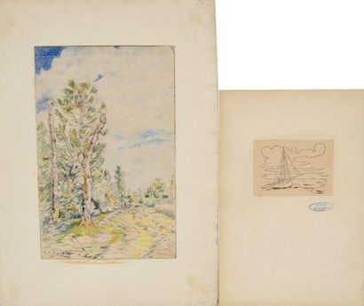 null Gaston SIMOES DE FONSECA (1874-1954) Chemin en campagne. Crayons de couleurs,...