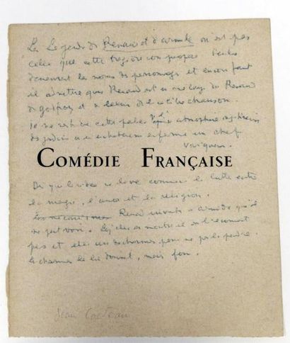 null Jean COCTEAU. Pièce autographe. S.l.n.d. (c. 1943). 1 pp. petit in-8 avec au...