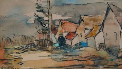 null Abel BERTRAM (1871-1954) Rue de village. Aquarelle et encre signée en bas à...