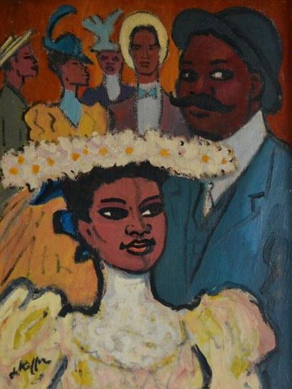 null Charles KIFFER (1902-1992). Mariage en Louisiane. Huile sur panneau signé en...
