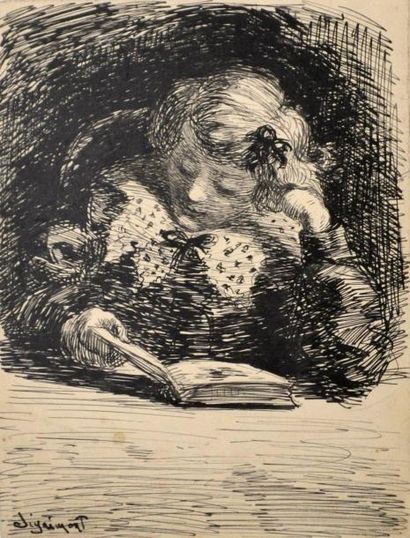null André DIGNIMONT (1891-1965) Jeune fille lisant. Encre de Chine signée en bas...