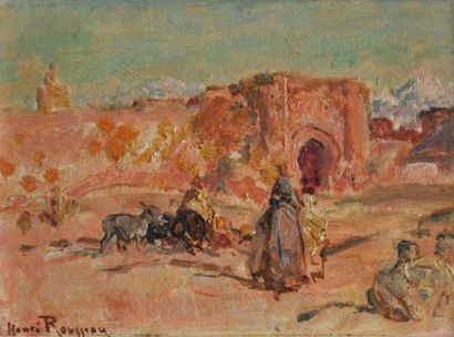 null Henri Émilien ROUSSEAU (1875-1933) Caravane à la porte de Marrakesh. Huile sur...