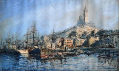 null FRANK-BOGGS (1855-1926) Le porte de Marseille. Fusain et aquarelle signée et...