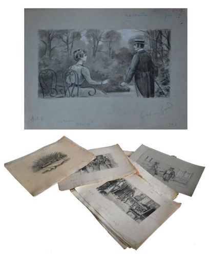 null Lucien LOPEZ SILVA (1862-?) Fort lot de dessins au fusain, storyboard pour la...