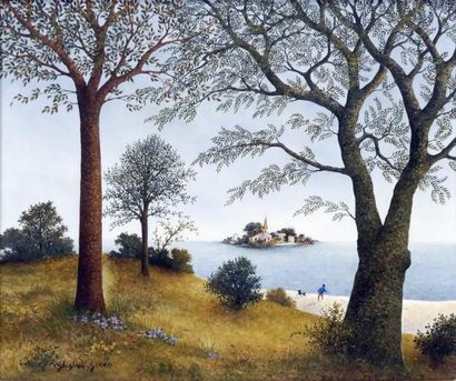 null Maurice GHIGLION-GREEN (1913-1989) Plage animée et arbres. Huile sur toile signée...