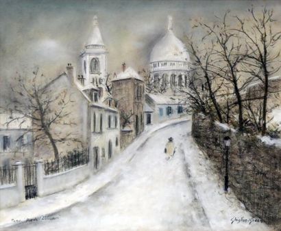 null Maurice GHIGLION-GREEN (1913-1989) Rue de l'abreuvoir sous la neige. Pastel...