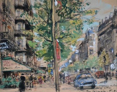 null Jean GERMAIN-JACOB (1900-?) Saint-Germain des près, le café de Flore. Aquarelle...
