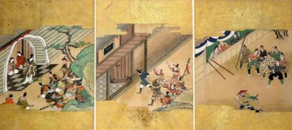 null JAPON - XIXe siècle Trois encres polychromes sur papier et feuille d'or, scènes...