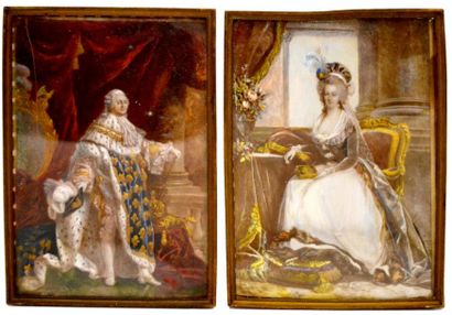 null Paire de grandes MINIATURES, représentant le Roi Louis XVI et la Reine Marie-Antoinette...