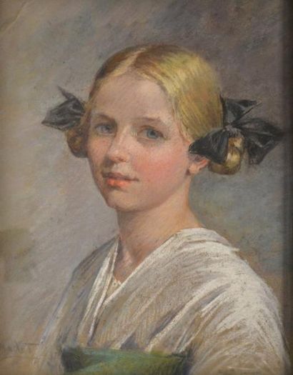 null A. MADOT, XIXe-XXe. Jeune fille blonde aux rubans noirs. Pastel signé en bas...