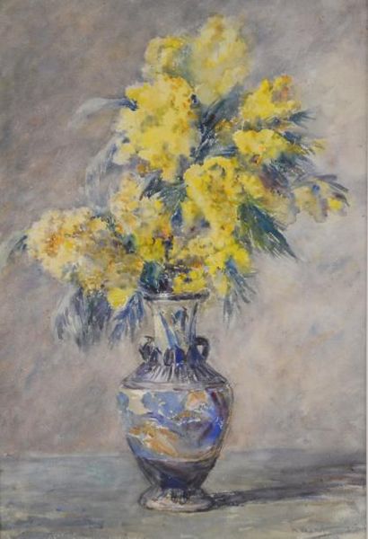 null A. MADOT XIXe-XXe. Vase de fleurs jaune. Aquarelle signée en bas à droite. 46...