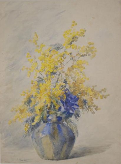 null A. MADOT XIXe-XXe. Vase de fleurs jaunes. Aquarelle signe_e en bas a_ gauche....