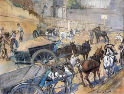 null Richard RANFT (1862-1931) Ouvriers et charrettes de chevaux de chantier. Pastel...