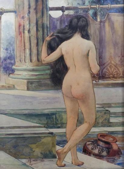 null Emilio VASARRI (1862-1928) Baigneuse antique de dos. Aquarelle signée en bas...