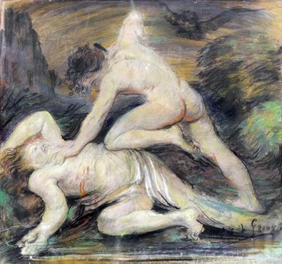 null Henri Jules Charles DE GROUX (1866-1930) Deux hommes nus luttant. Pastel signé...