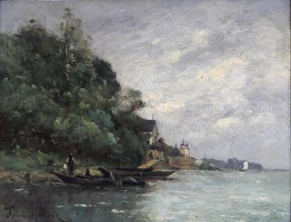 null Paul Désiré TROUILLEBERT (1829-1900) Barque de pêcheur sur la rivière. Huile...