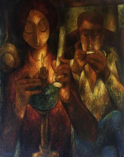 null Francisco BAJEN (1912-2014) Couple à la lampe. Huile sur toile signée en bas...