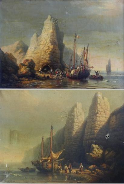 null Charles Euphrasie KUWASSEG (1838-1904) Voiliers et pêcheurs sur la grève, 1856....