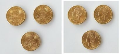 null TROIS PIECES de 20 dollars, Tête de Liberty, 1894, 1896 et 1900. Poids 100,7...