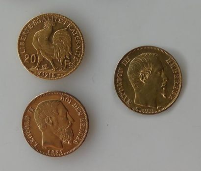 null TROIS PIECES de 20 francs or : une piece Napoléon III non lauré 1858, une piece...