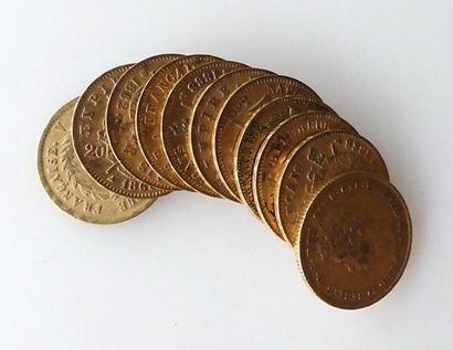 null ONZE PIECES en or: 8 de 20 francs or Napoléon III tête laurée, un pièce de 20...