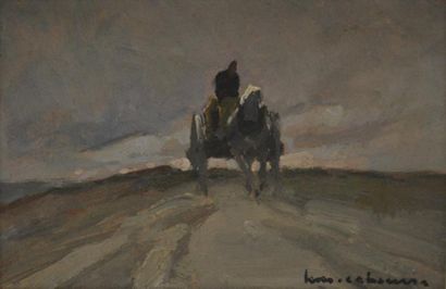 null Henry Maurice CAHOURS (1889-1974) Charrette sur la route. Huile sur isorel signé...