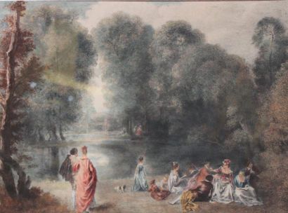 null Jean-Antoine WATTEAU (1684-1721) (d'après). Fête galante au bord d'un lac. Eau-forte...