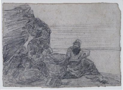 null Eugène BOUDIN (1824-1898) Famille de pêcheurs. Pierre noire. 9 x 12 cm. Collection...