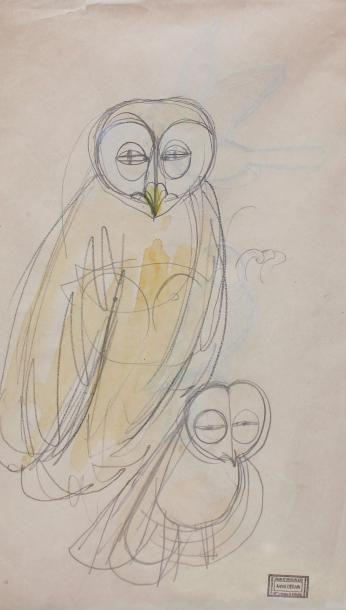 null André DERAIN (1880-1954) Deux chouettes. Mine de plomb et aquarelle portant...