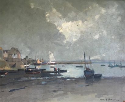null Henry Maurice CAHOURS (1889-1974) Port animé à marée basse. Huile sur panneau...