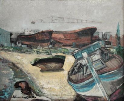 null Marcel BUCHAILLE (1903-1986) Etaples-sur-mer, le cimetière des bateaux. Huile...