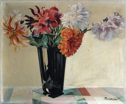 null Marcel BUCHAILLE (1903-1986) Les dalhias dans un vase noir. Huile sur toile...