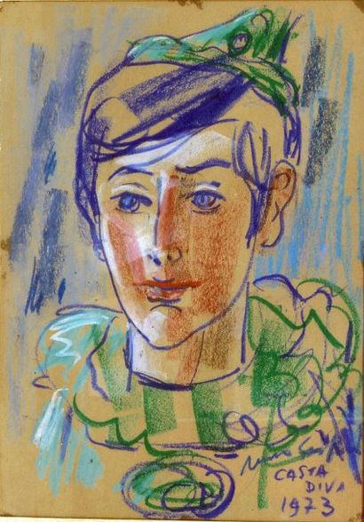 null Nino GIUFFRIDA (1924). Portrait de jeune homme. Pastel. Signé et situé Casta...