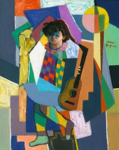 null Nino GIUFFRIDA (1924). Arlequin guitariste. Huile sur toile. Signée en haut...