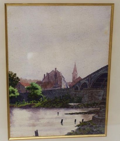 null A. JUESVILLER. Paysage au pont. Aquarelle datée 1893.