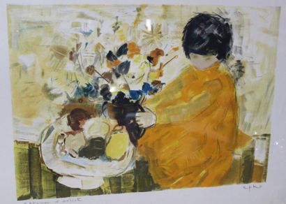 null EPKO (né en 1928). Lithographie, Fillette à la robe jaune et au bouquet de fleur,...