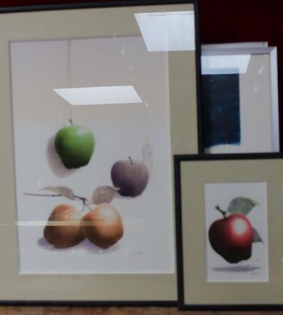 null Alain CARDOT (né en 1948), Nature morte aux pommes, aquarelle sous verre, signée....