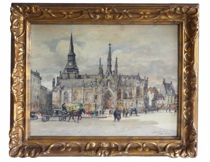 null Eugène VILLON (1879-1951). Animation devant la cathédrale. Aquarelle signée...