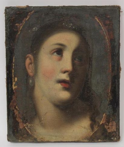 null Ecole XVII-XVIIIème. Portrait de femme aux perles. Huile sur toile. Manque,...