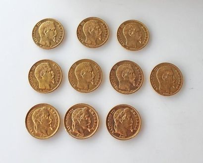null *DIX PIECES de 20 francs or, 7 Napoléon III non lauré, 3 Napoléon III lauré