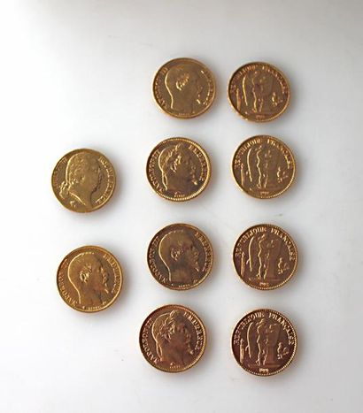null *DIX PIECES de 20 francs or, 4 Génie ailé, 1 Louis XVIII 1819, 3 Napoléon III...